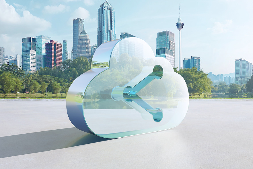 巨大的雲朵造型立體模型與城市背景